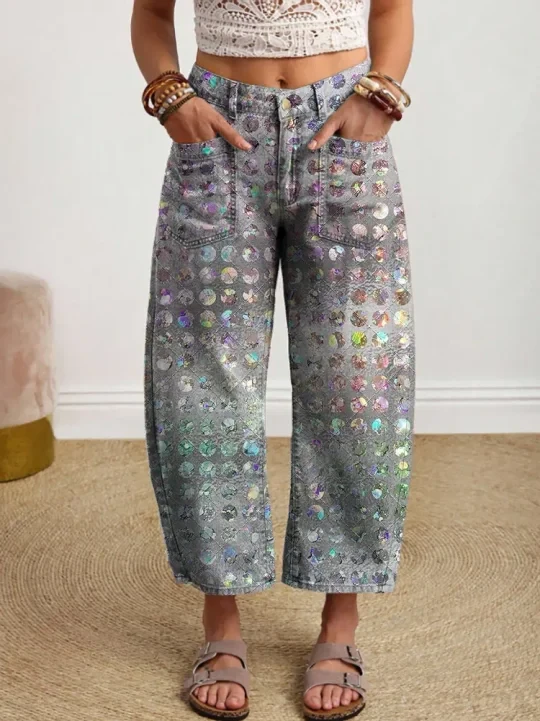 Vintage-style Textured Floral Art Print Casual Cotton Trousers With Pockets