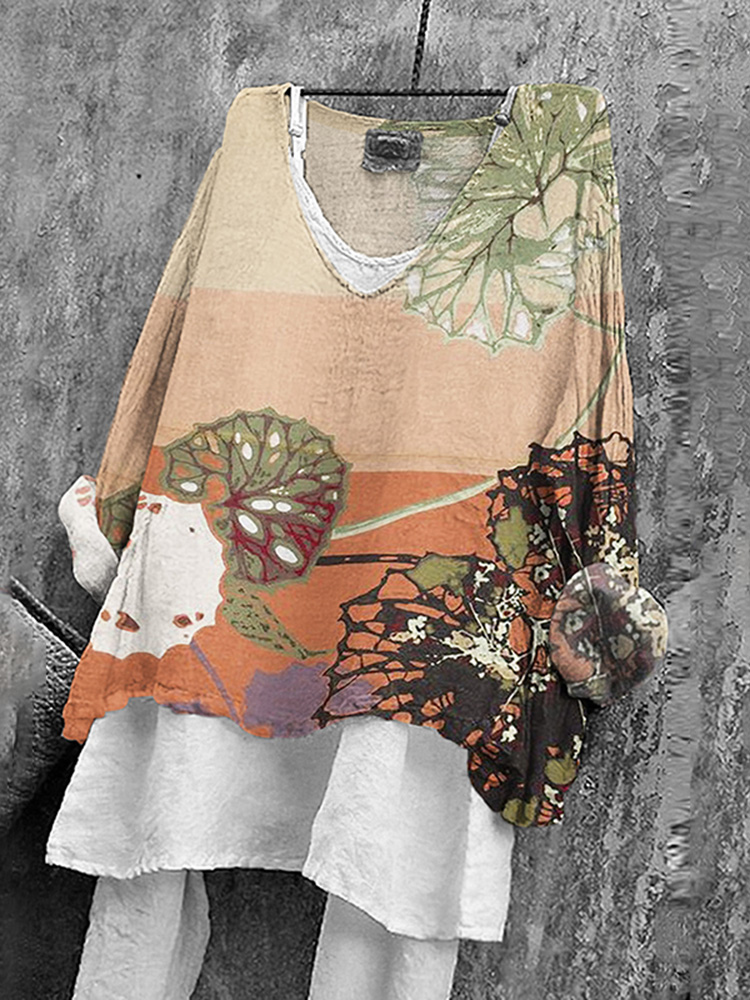 Japanese Floral Print V-neck Loose T-shirt