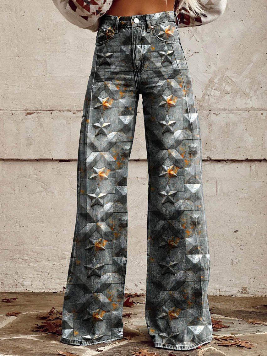 Plain Colour Star Geometry Print Casual Wide-Leg Pants