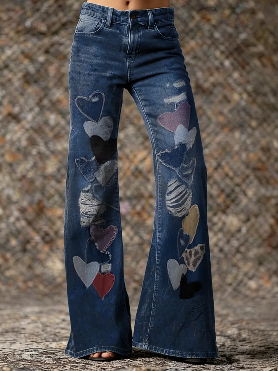 Retro Heart Art Print Casual Washed Cotton Pants