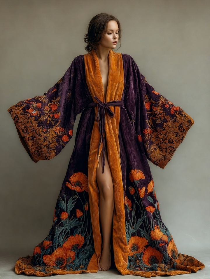 Abstract Art Print Kimono Long Gown Autumn and Winter Robe With Belt