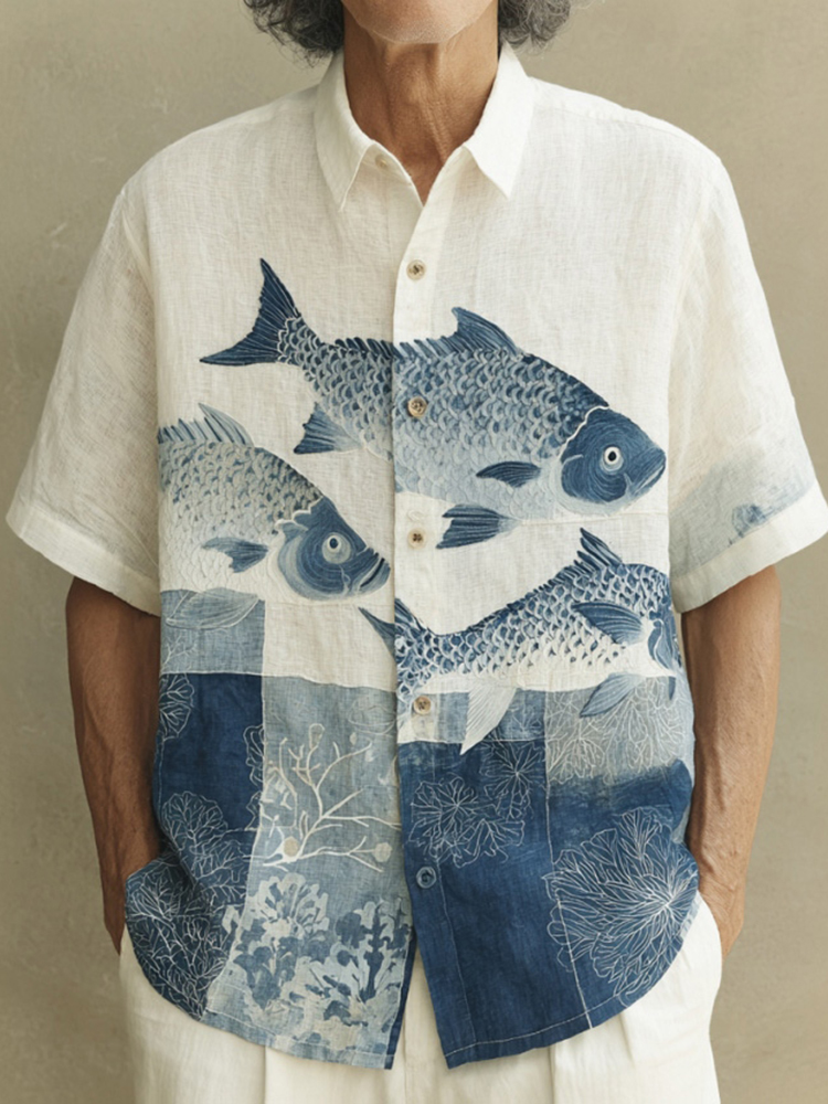 Men's Japanese-style Art Fish Print Color-blocked Short-sleeved Shirt