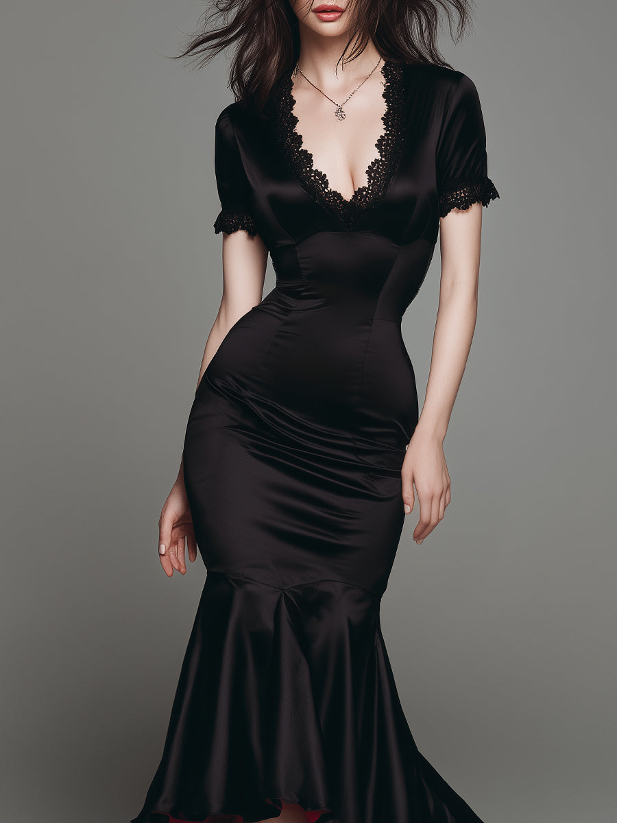Elegant Satin Red Lined Fishtail Maxi Dress With Lace Trim