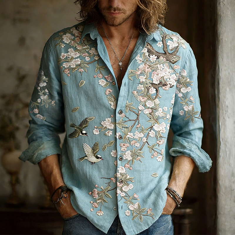 Men's Froal With Birds Embroidery Painting Art Linen Shirt