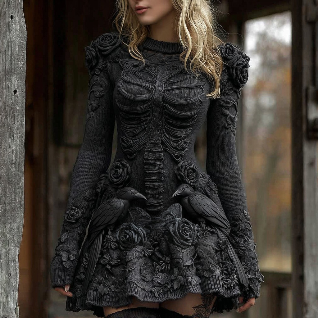Women's Halloween Skeleton With Rose And Raven Art Knit Mini Sweater Dress
