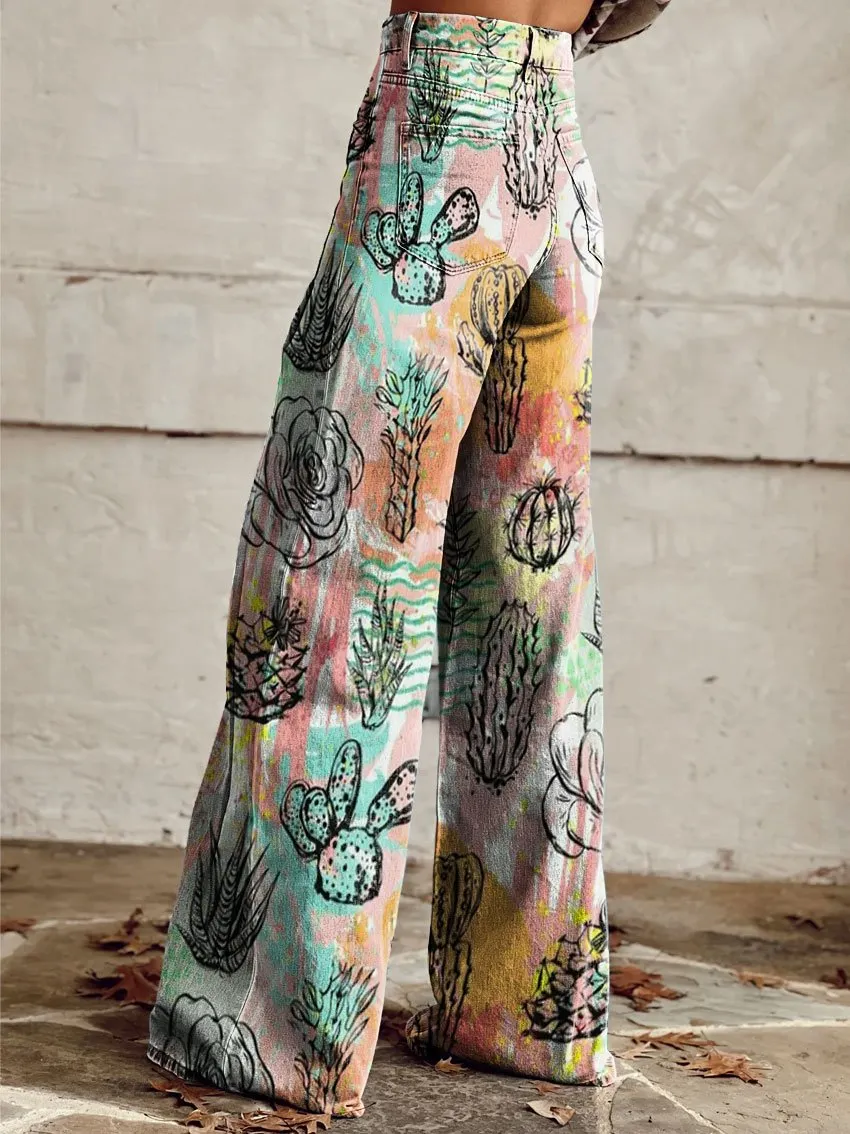 Vintage Print Casual Wide-Leg Pants