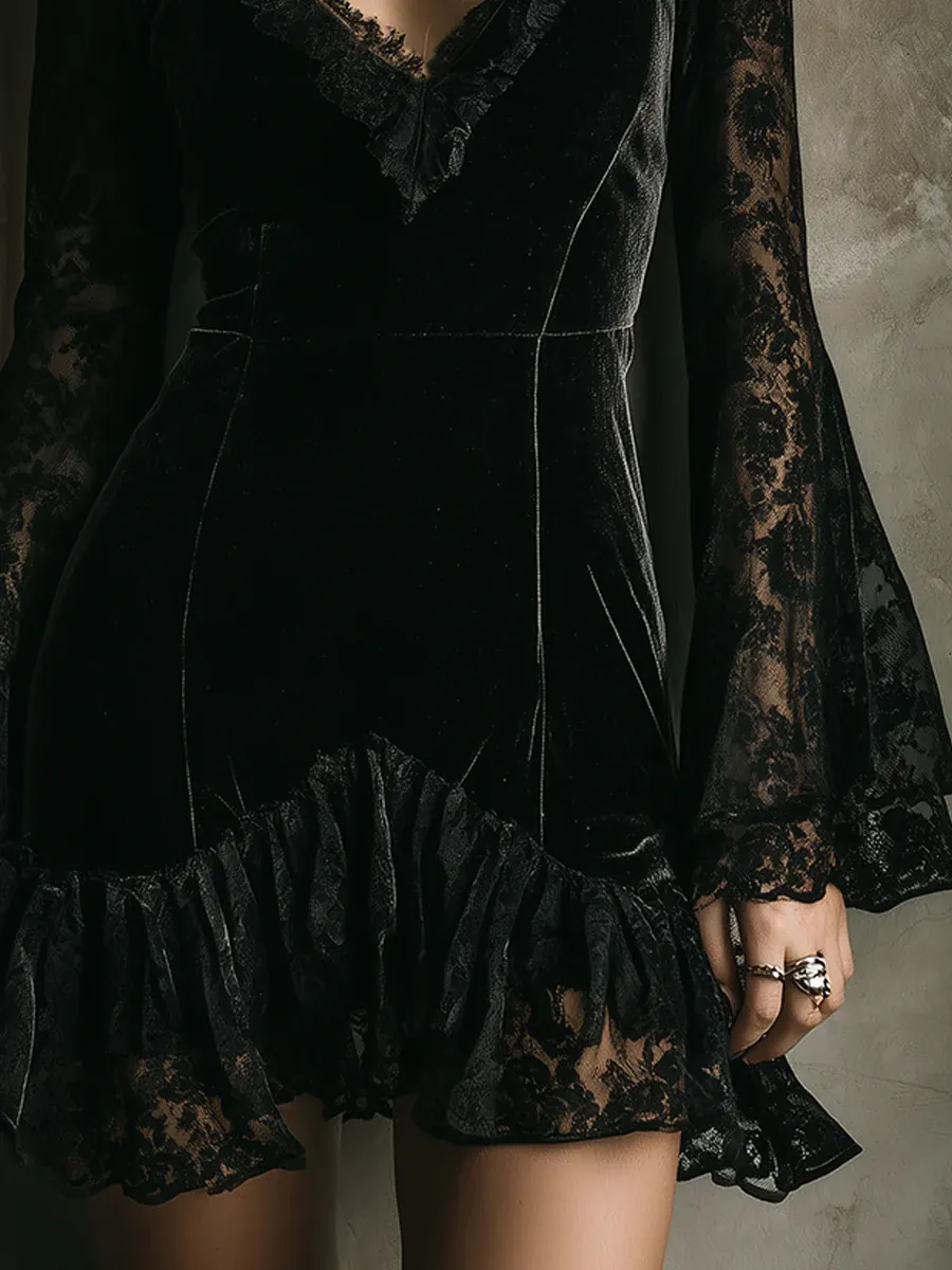 Black Lace Bell-sleeve Velvet Mini Dress