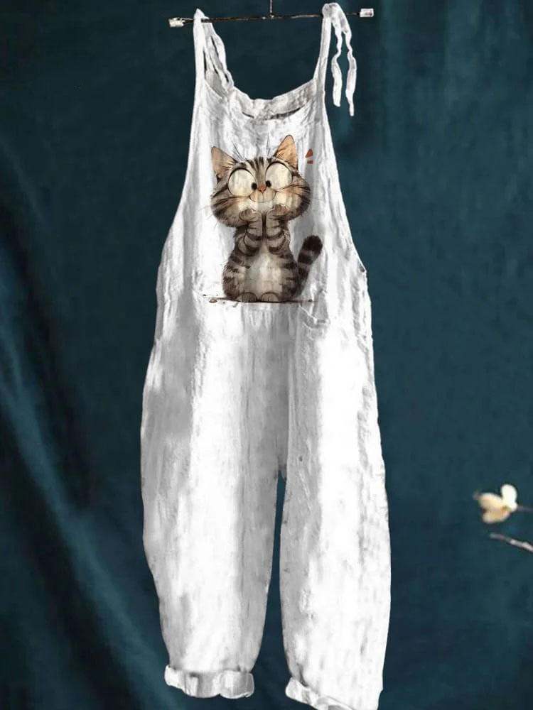Cat Art Print Colorful Art Casual Wide-Leg Jumpsuit