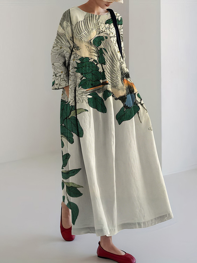 Japanese Floral & Bird Art Print Midi Dress