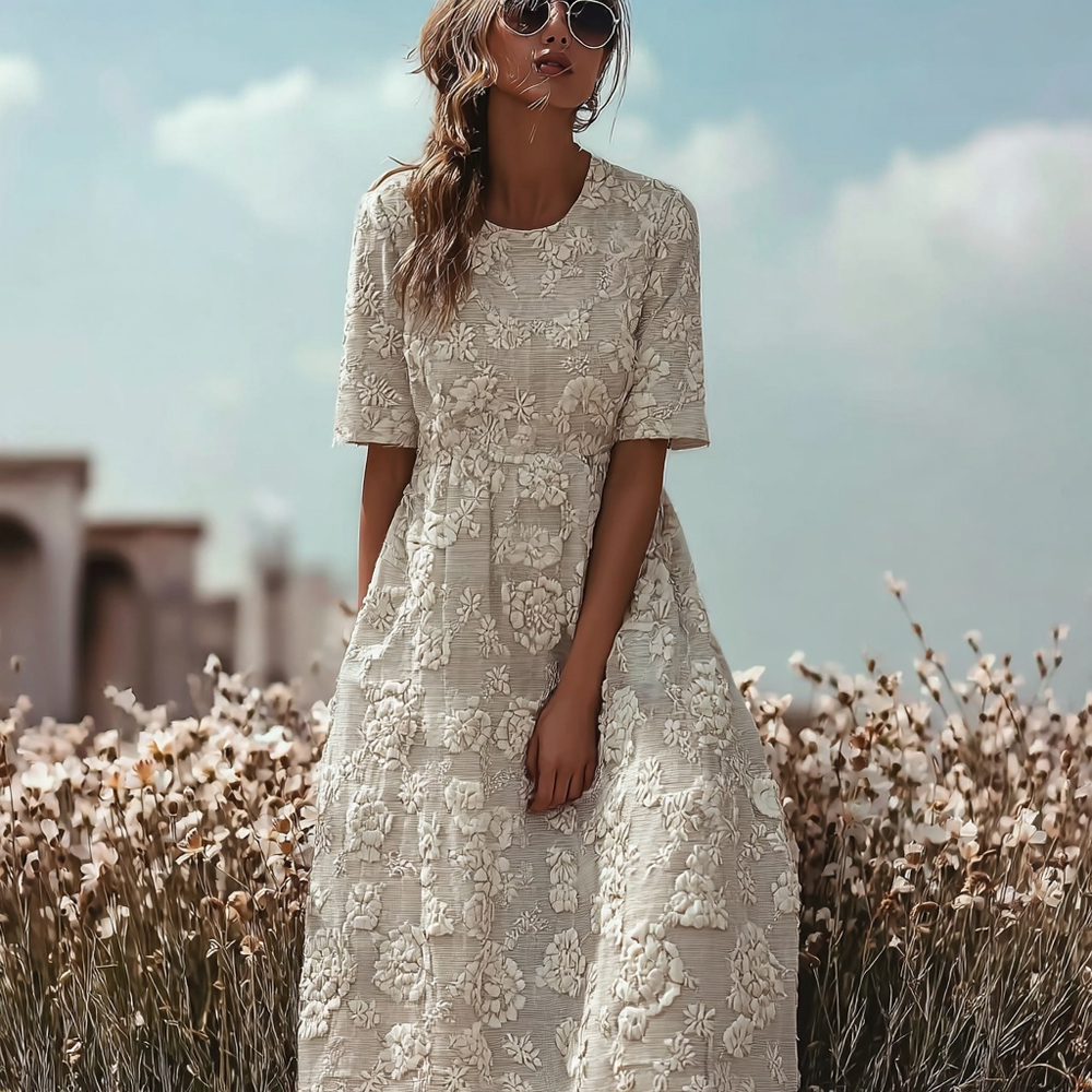 Elegant Floral Lace Embroidered Cozy Maxi Dress