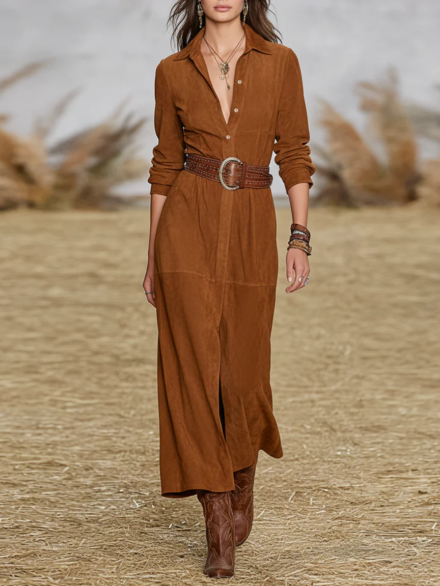 Faux Suede Shirt Collar Maxi Dress (belt Not Included)