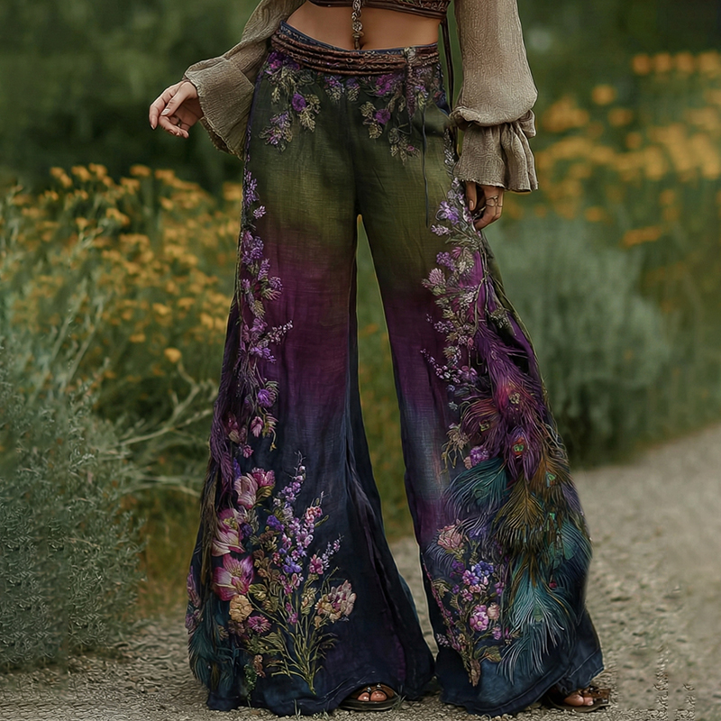 Vintage Classy Gradient Purple Peacock And Floral Embroidered Art Blend Casual Pants