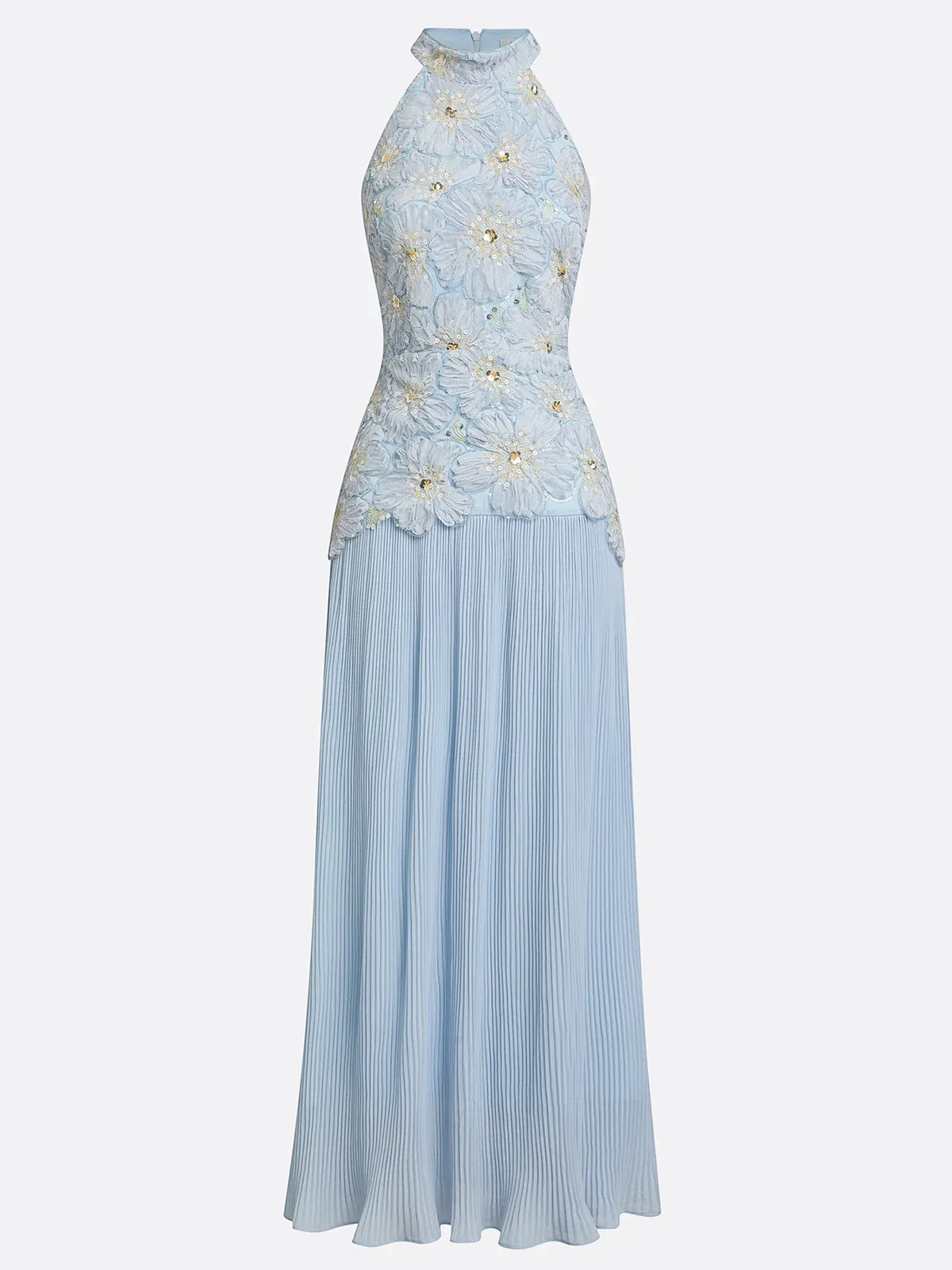 Light Blue Jacquard Chiffon Halter Neck Sleeveless A-Line Floor-length Gown