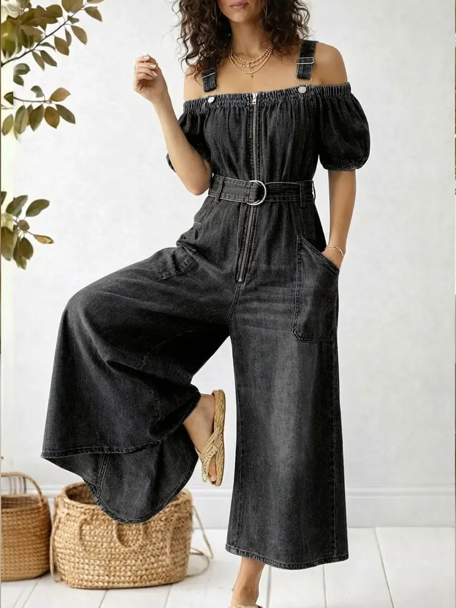 Casual Denim Cotton Jumpsuit With Adjustable Straps