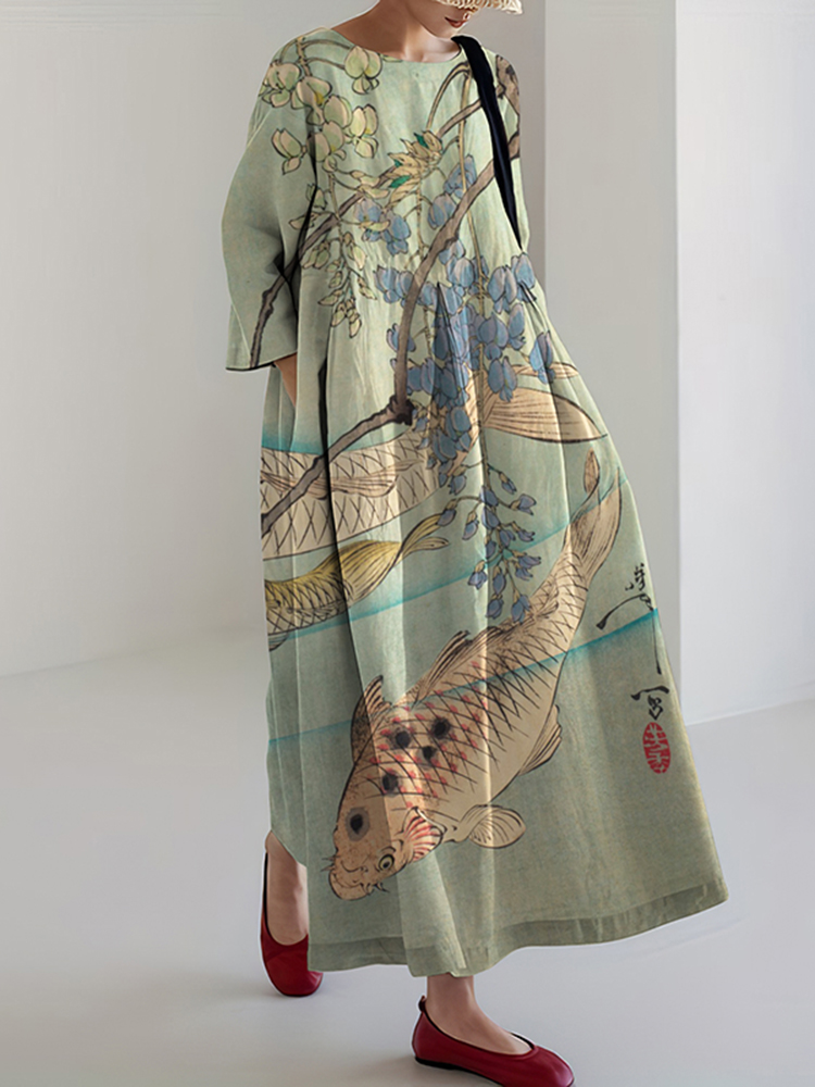 Retro Japanese Flower & Fish Art Print Midi Dress