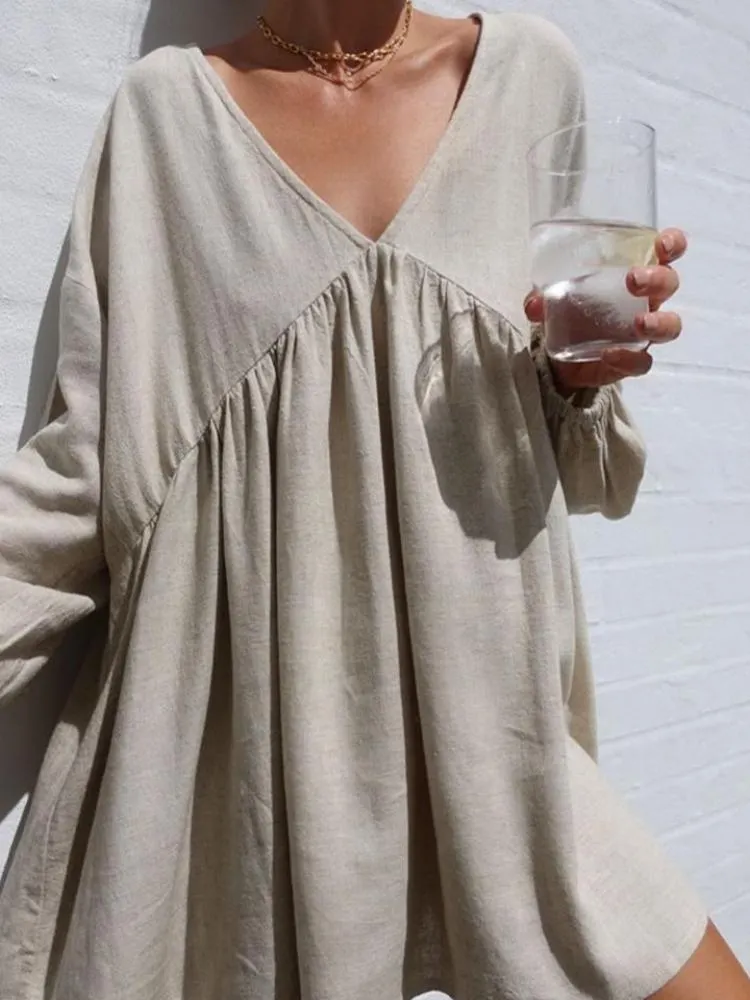 V-Neck Cotton Linen Long Sleeve Mini Dress
