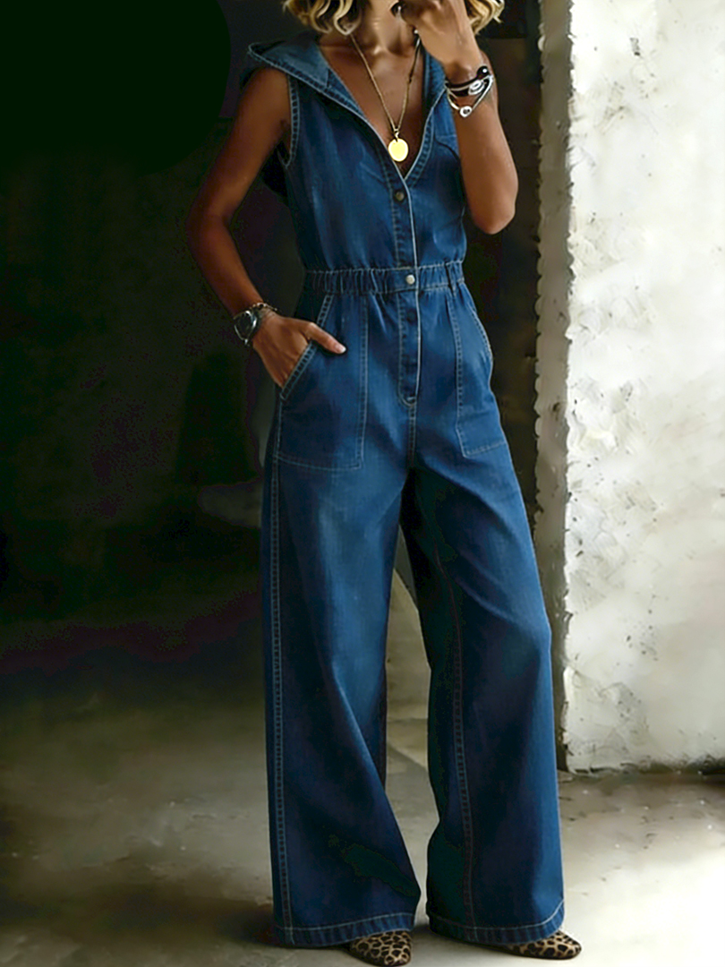 Sleeveless Wide-leg Denim Hooded Jumpsuit