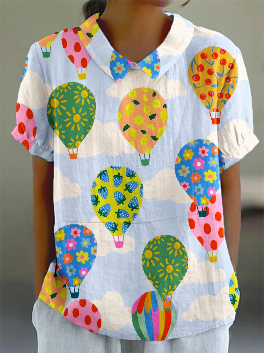 Colorful Hot Air Balloon Painting Art Print Casual Cotton & Linen Shirt
