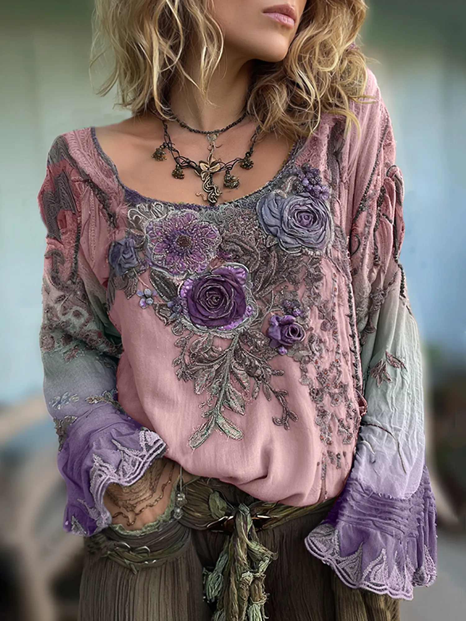 Vintage Purple Lavender And Floral Embroidered Long Sleeve Shirt