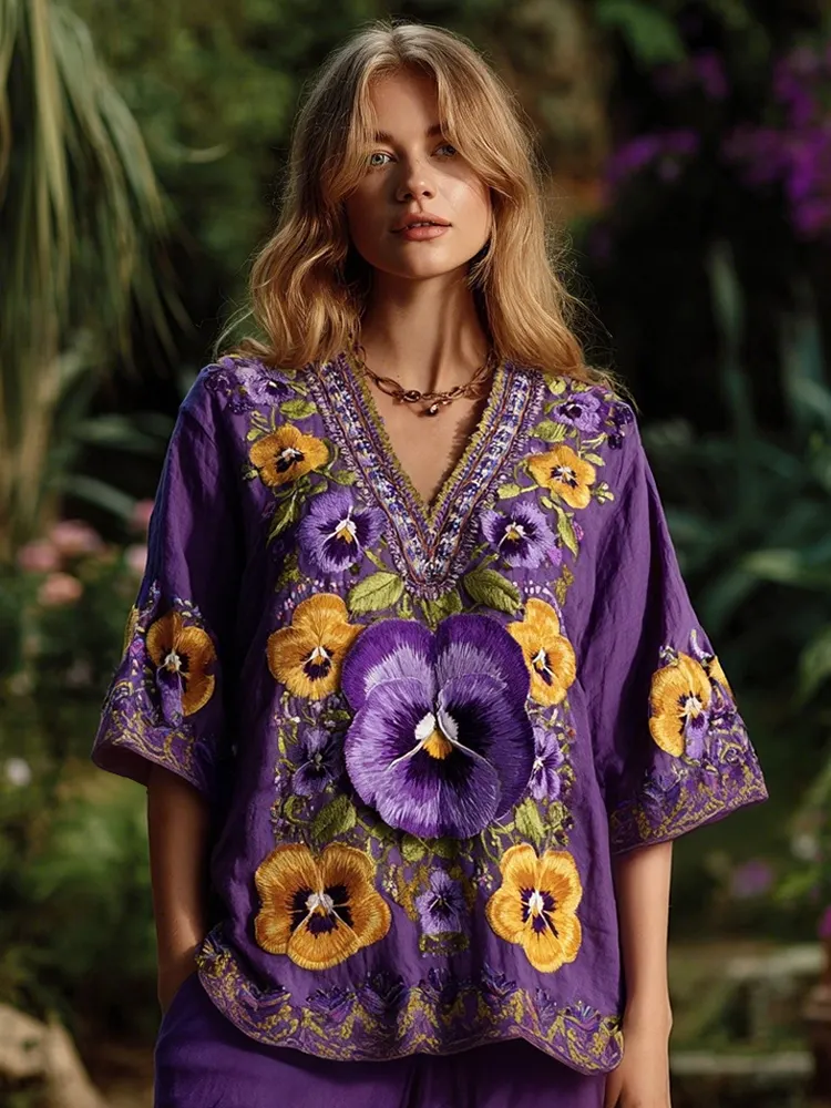 Women's Purple Pansy Embroidery Design Print Three-quarter Sleeves Shirt