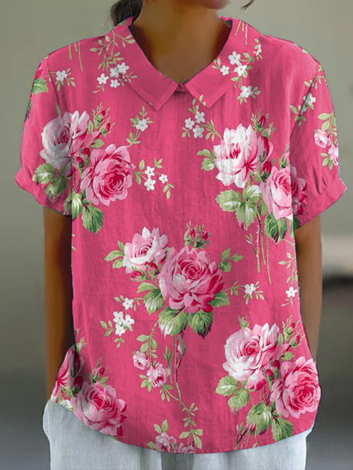 Vintage Pink Rose Floral Print Lapel Short Sleeve Top