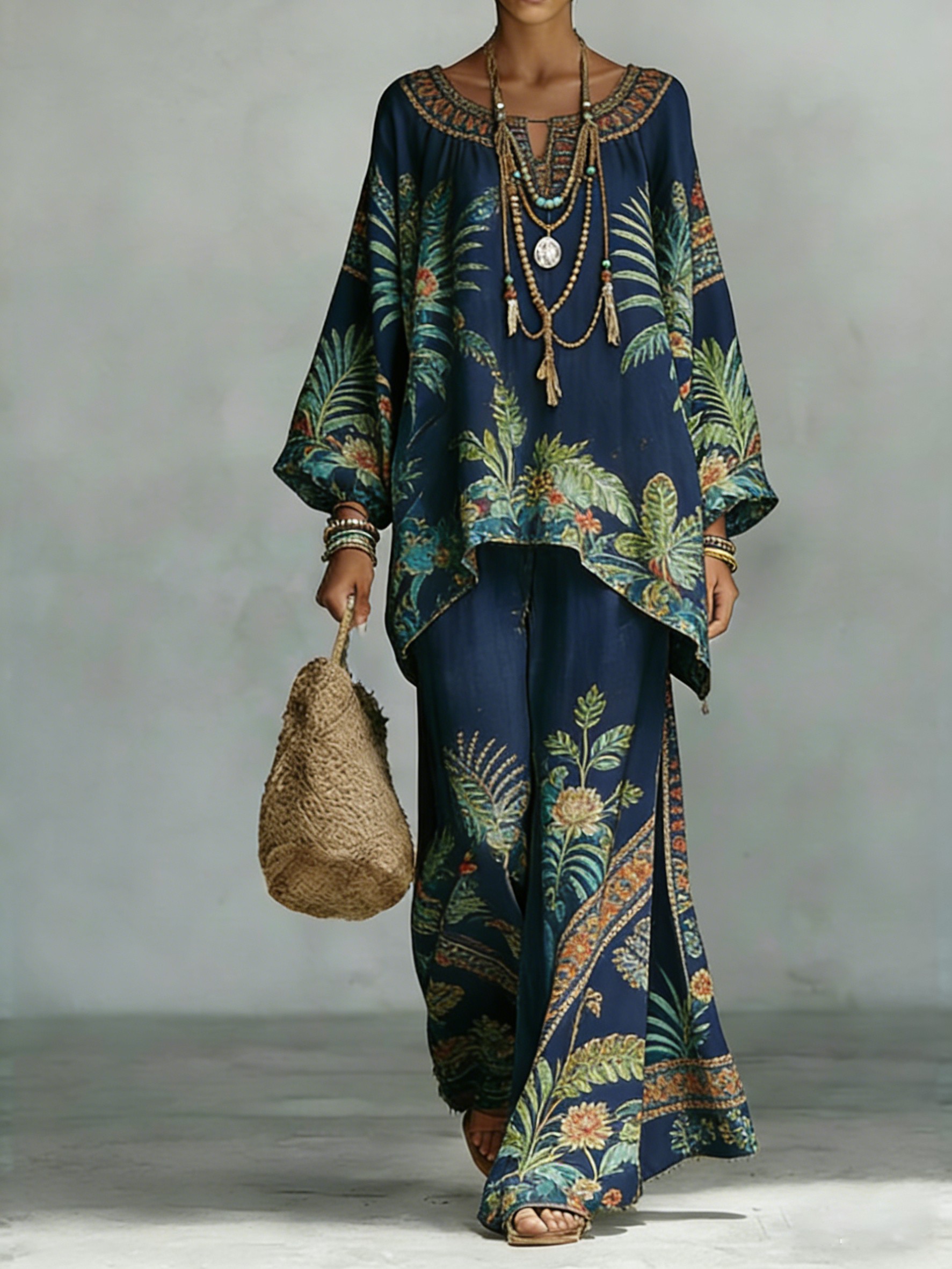 Comfortable & loose print pattern cotton & linen wide-leg pants two-piece set