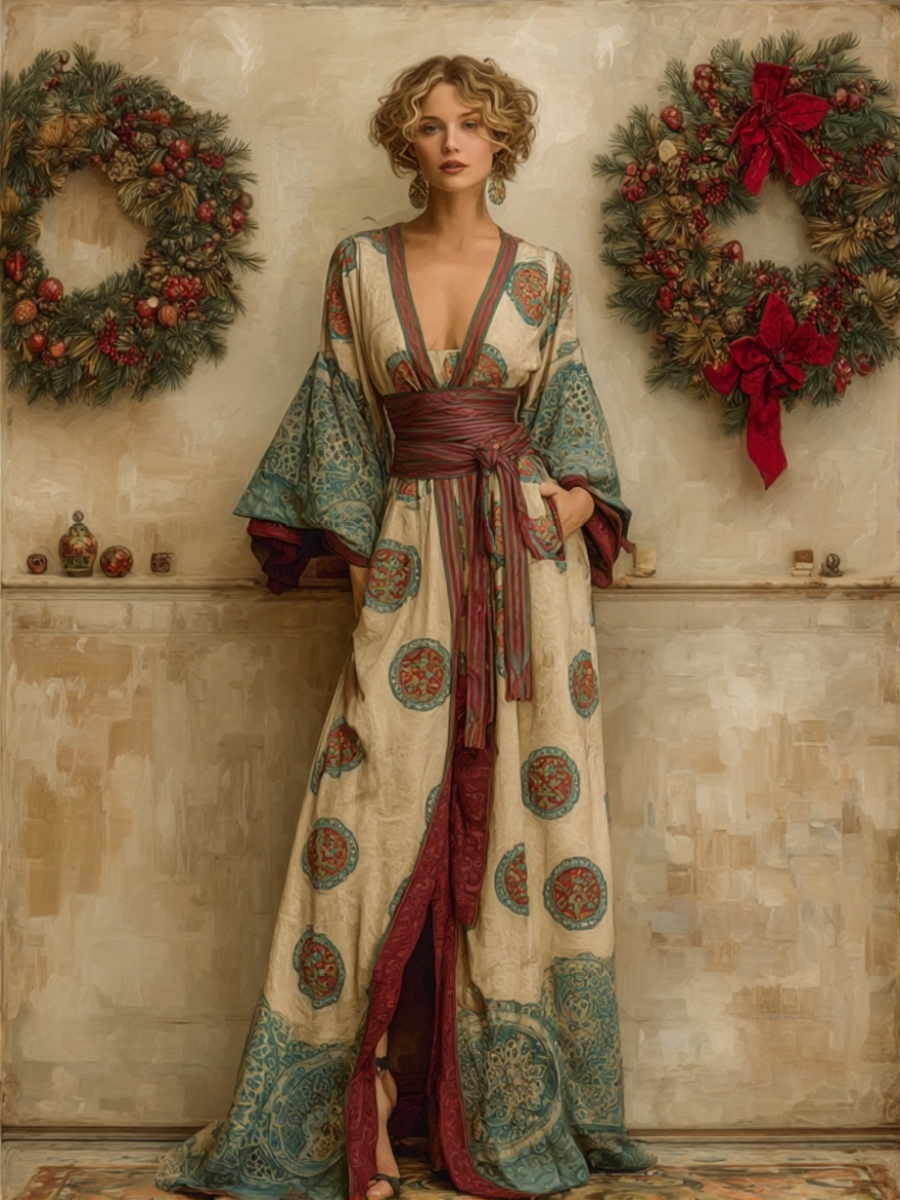 Elegant and comfortable cotton Christmas-themed robe (with belt)