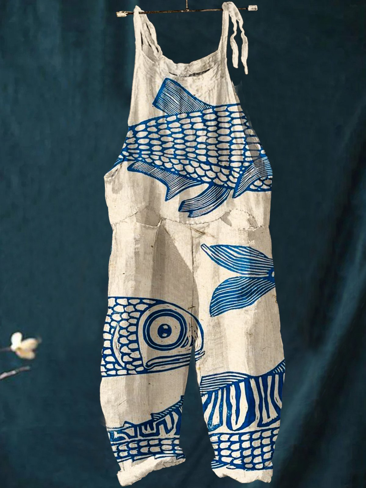 Simple Blue Bigeye Print Casual Wide-Leg Jumpsuit