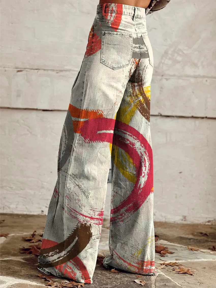 Vintage Print Casual Wide-Leg Pants