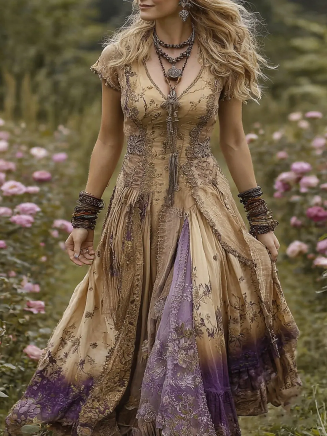 Vintage Gradient Purple Floral Embroidered Maxi Dress