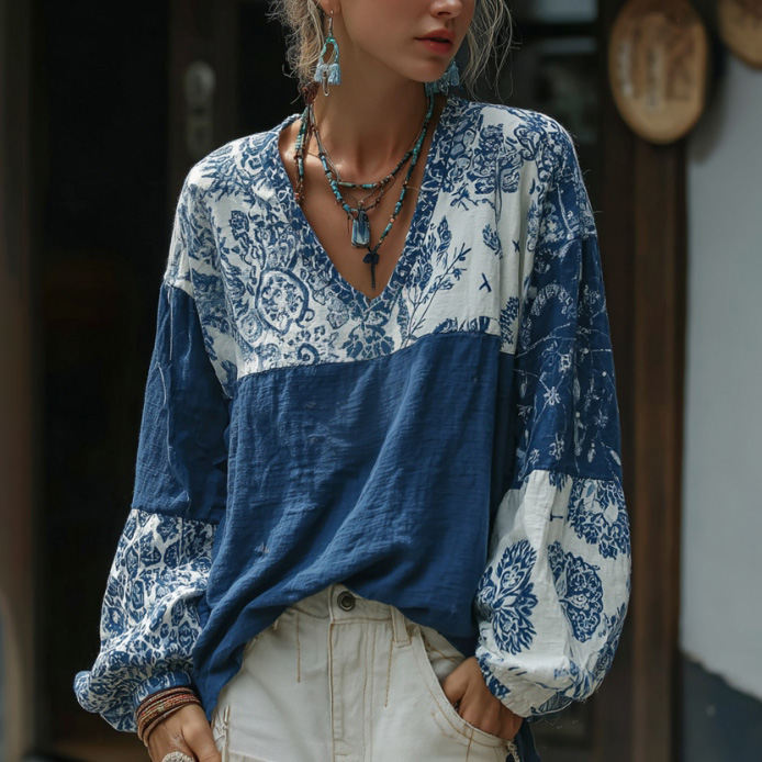 Japanese-style Floral Pattern Comfortable Top