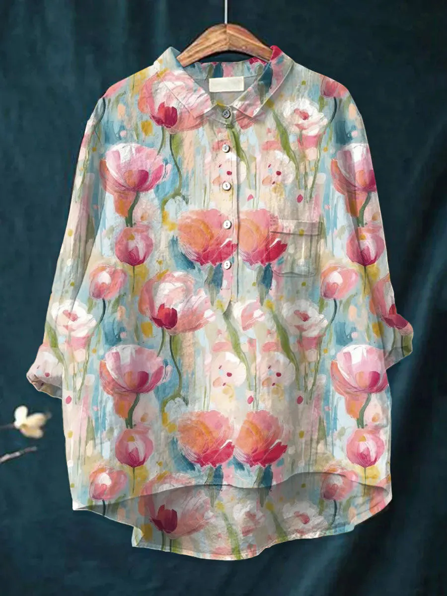 Vintage Flower Art Print Casual Cotton & Linen Shirt