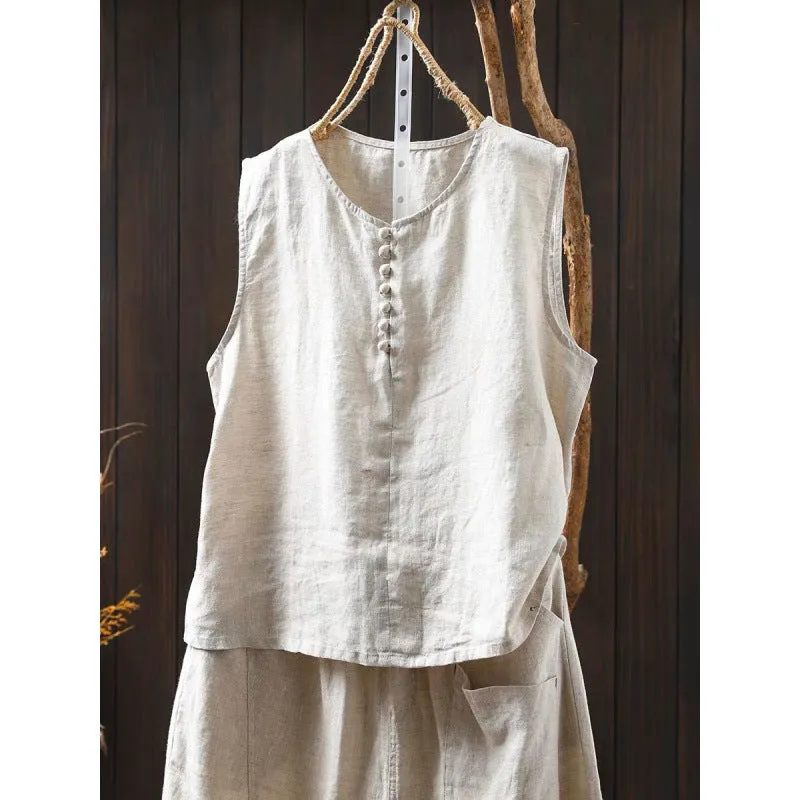 Sleeveless Casual Cotton & Linen Shirt