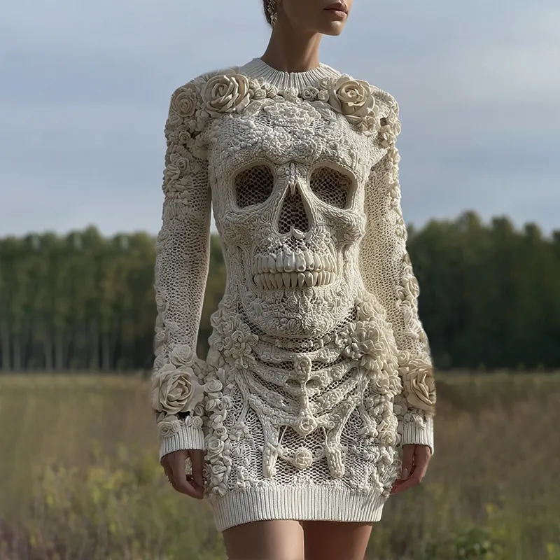 Women's Vintage Halloween Skull With Rose Art Cozy Knit Mini Sweater Dress