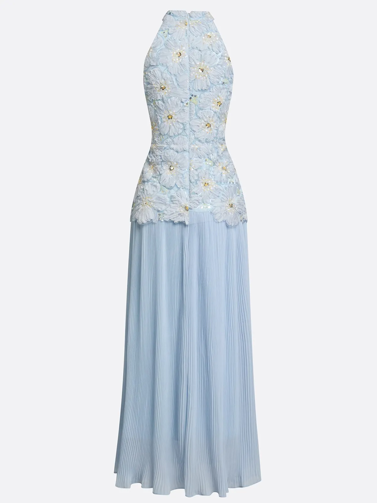 Light Blue Jacquard Chiffon Halter Neck Sleeveless A-Line Floor-length Gown
