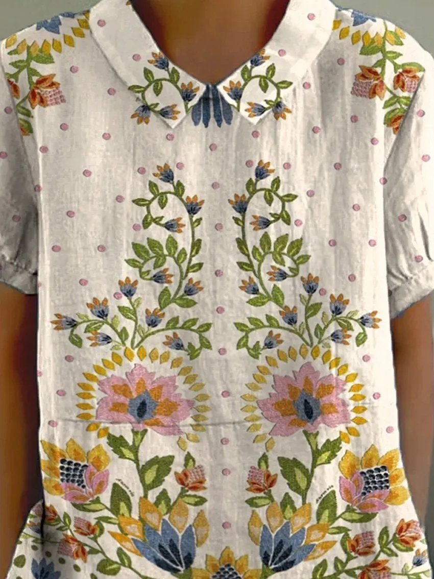 Tropical Floral Symmetrical Pattern Printed Women's Casual Cotton & Linen Shirt