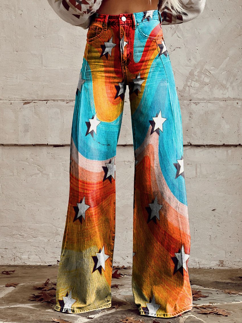 Vintage Rainbow Stars Print Casual Wide-Leg Pants