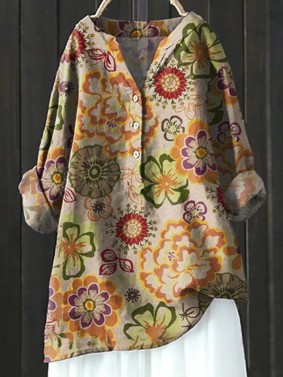Floral Art Print Casual Cotton & Linen Shirt