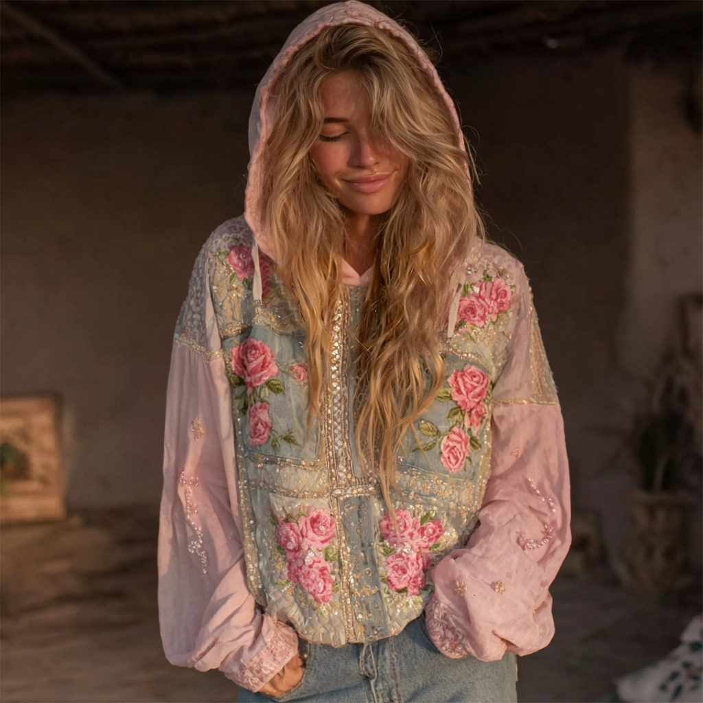 Women's Pink Rose Embroidered Denim Patchwork Hooded Sweatshirt