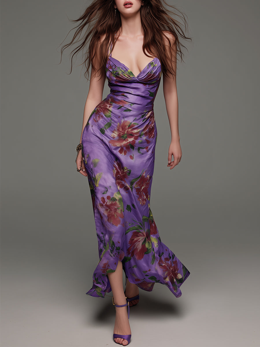 Elegant Floral Print Slim-fit Spaghetti Strap Maxi Dress