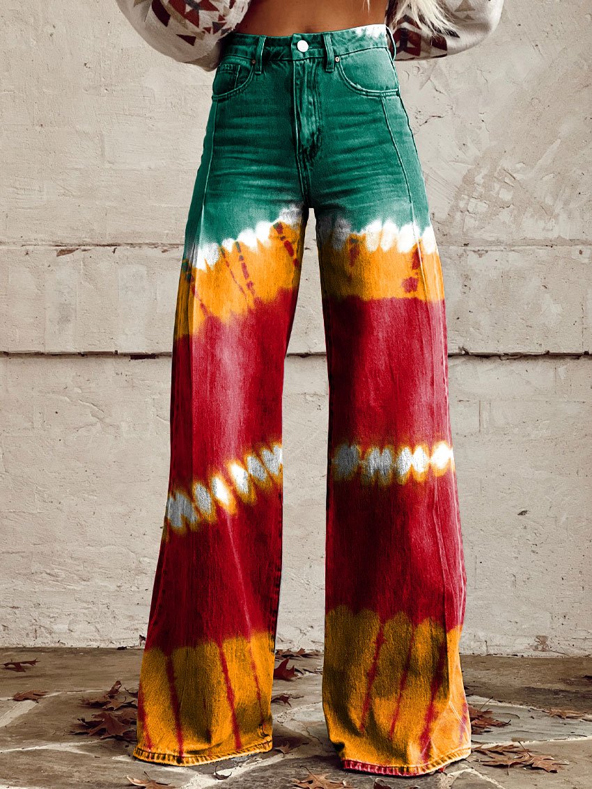 Vintage Print Casual Wide-Leg Pants