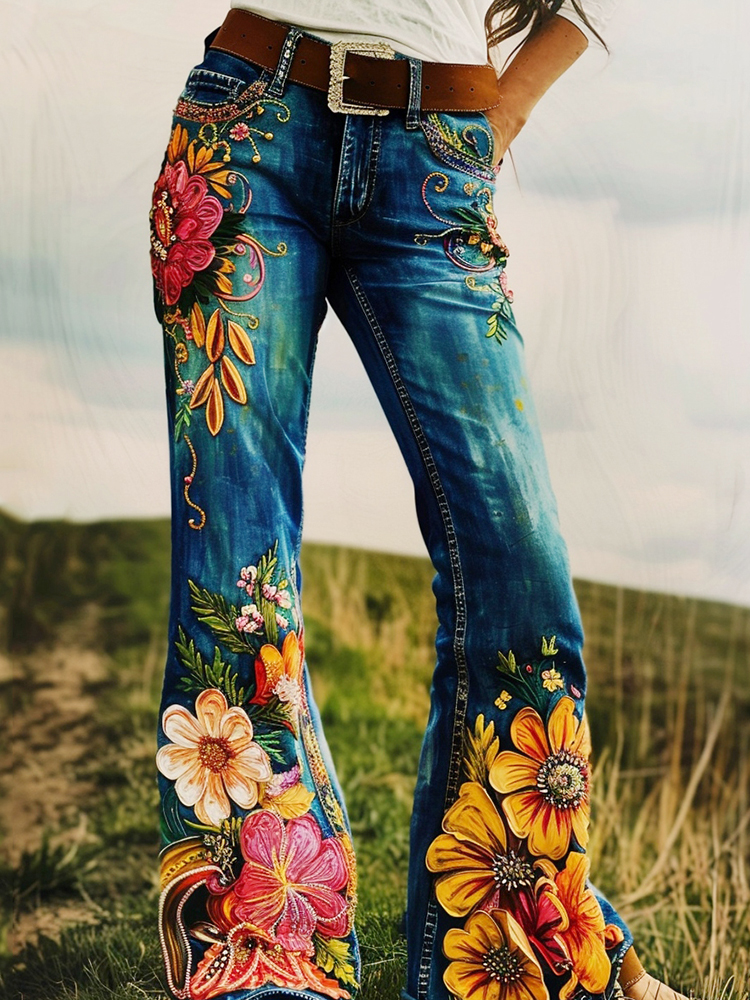Vintage Artistic Floral Print Western Pants
