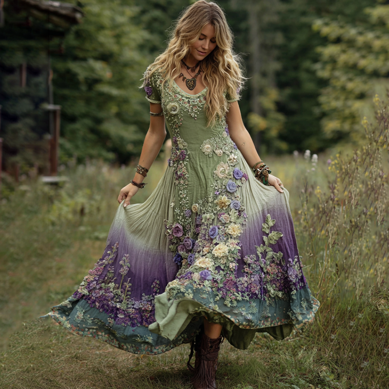 Classy Gradient Purple Lavender And Floral Embroidered Maxi Dress