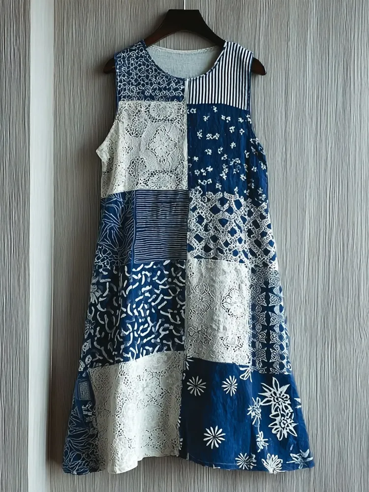 Vintage Japanese Inspired Lace Patchwork Linen Midi Dress