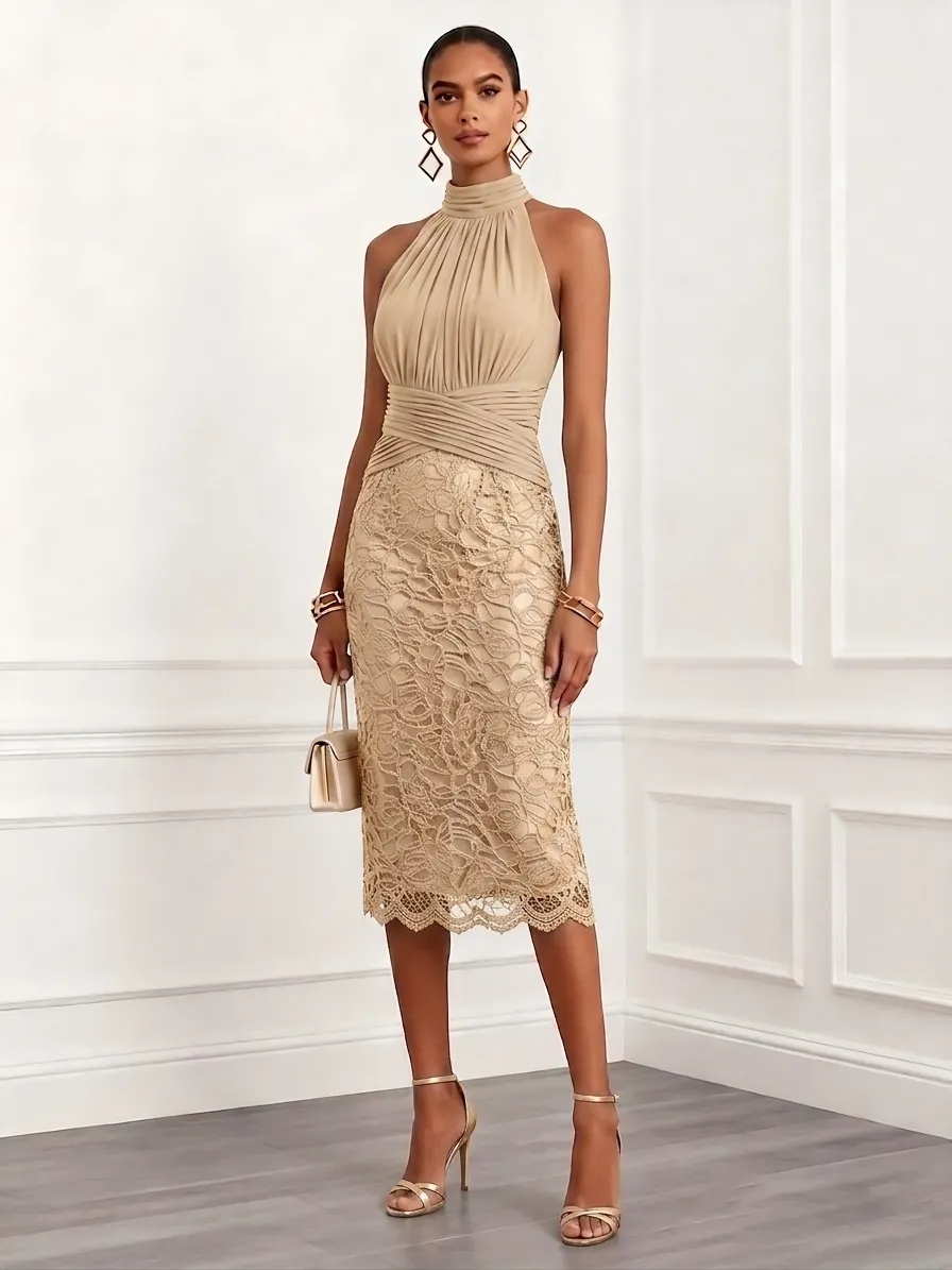 Champagne Ruched Lace Jacquard Classic Halter Neck Sleeveless H-Line Midi Dress