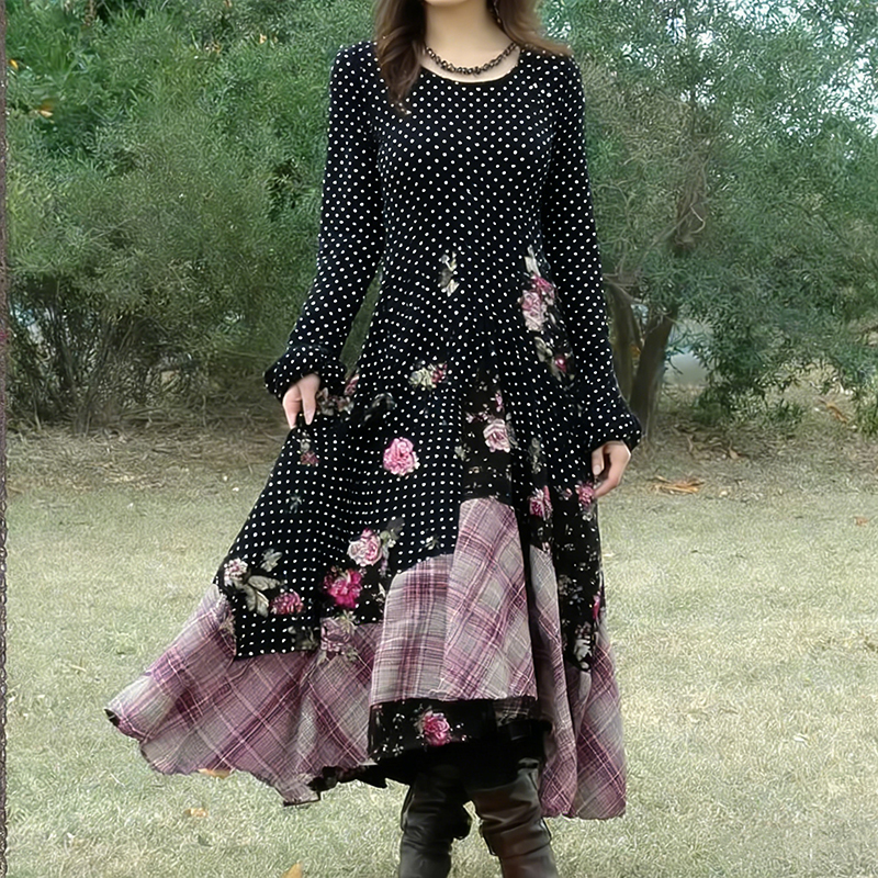 Women's Vintage Polka Dot And Rose Floral Plaid Patchwork Dress