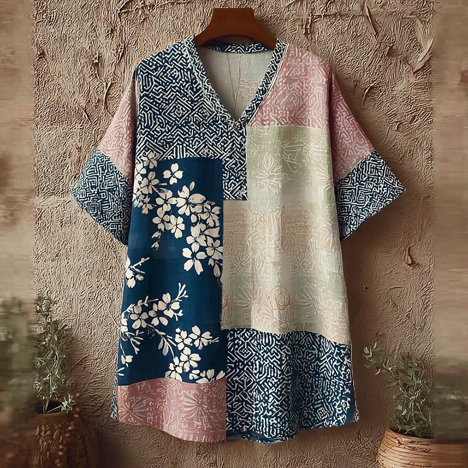 Japanese Art Retro Geometric Patchwork Plant Flower Print Women's V-neck Cotton & Linen Top