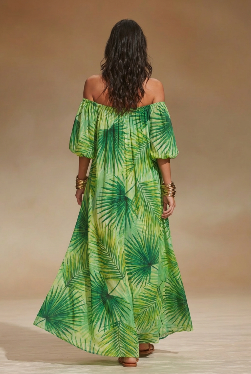 Off-Shoulder Tropical Leaf Print Maxi Dress
