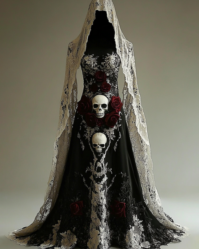 Bohemian style Contrasting Lace Skull Embroidered Evening Dress 5b8d