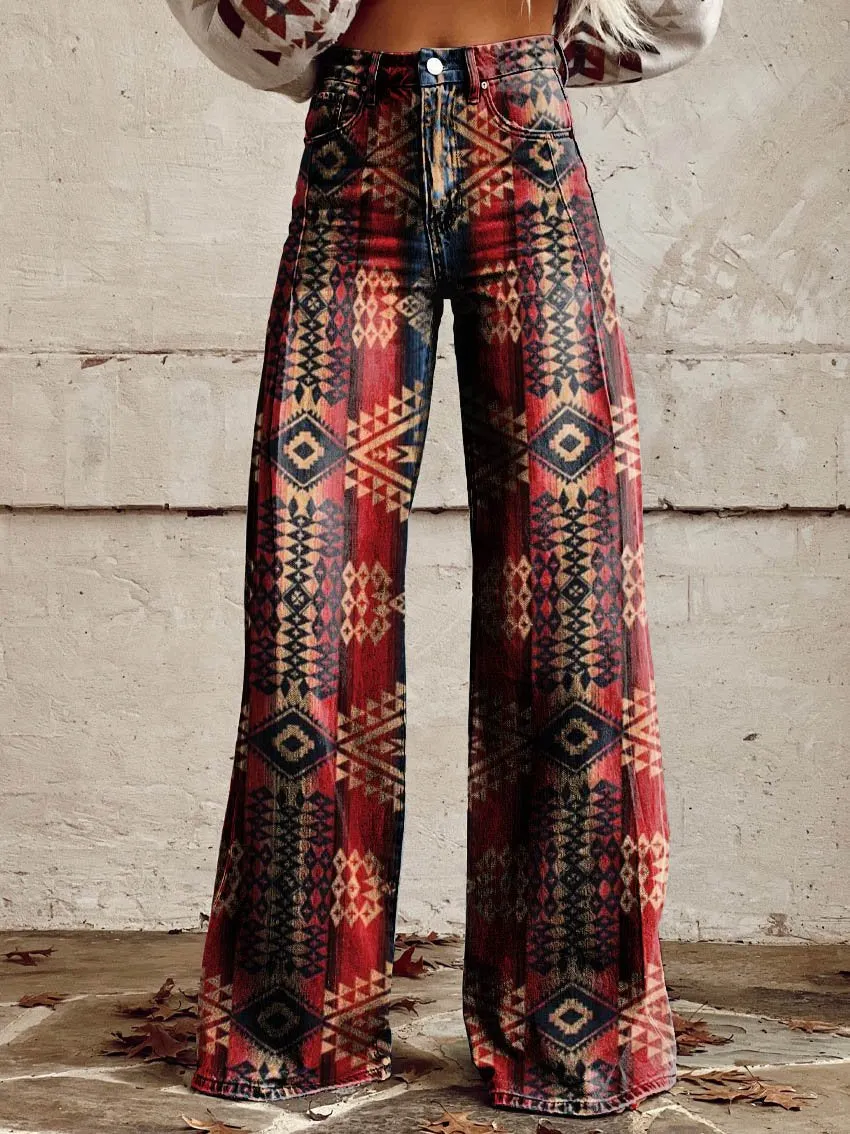 Red & Blue Aztecs Print Casual Wide-Leg Pants